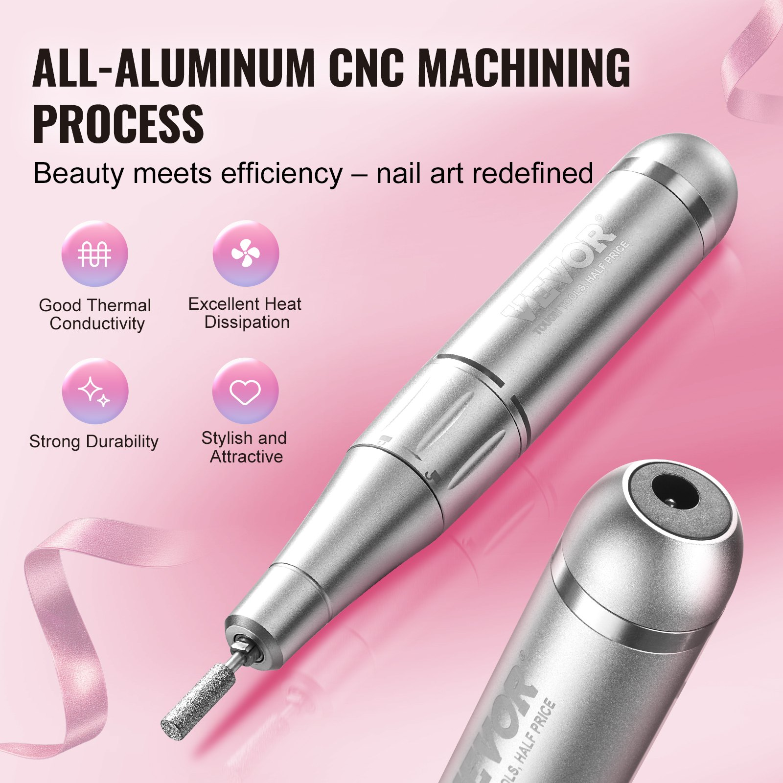 Start2Finish VEVOR rechargeable nail drill with LCD display, cordless design, 35,000RPM, includes 6 bits and sanding bands for manicures.