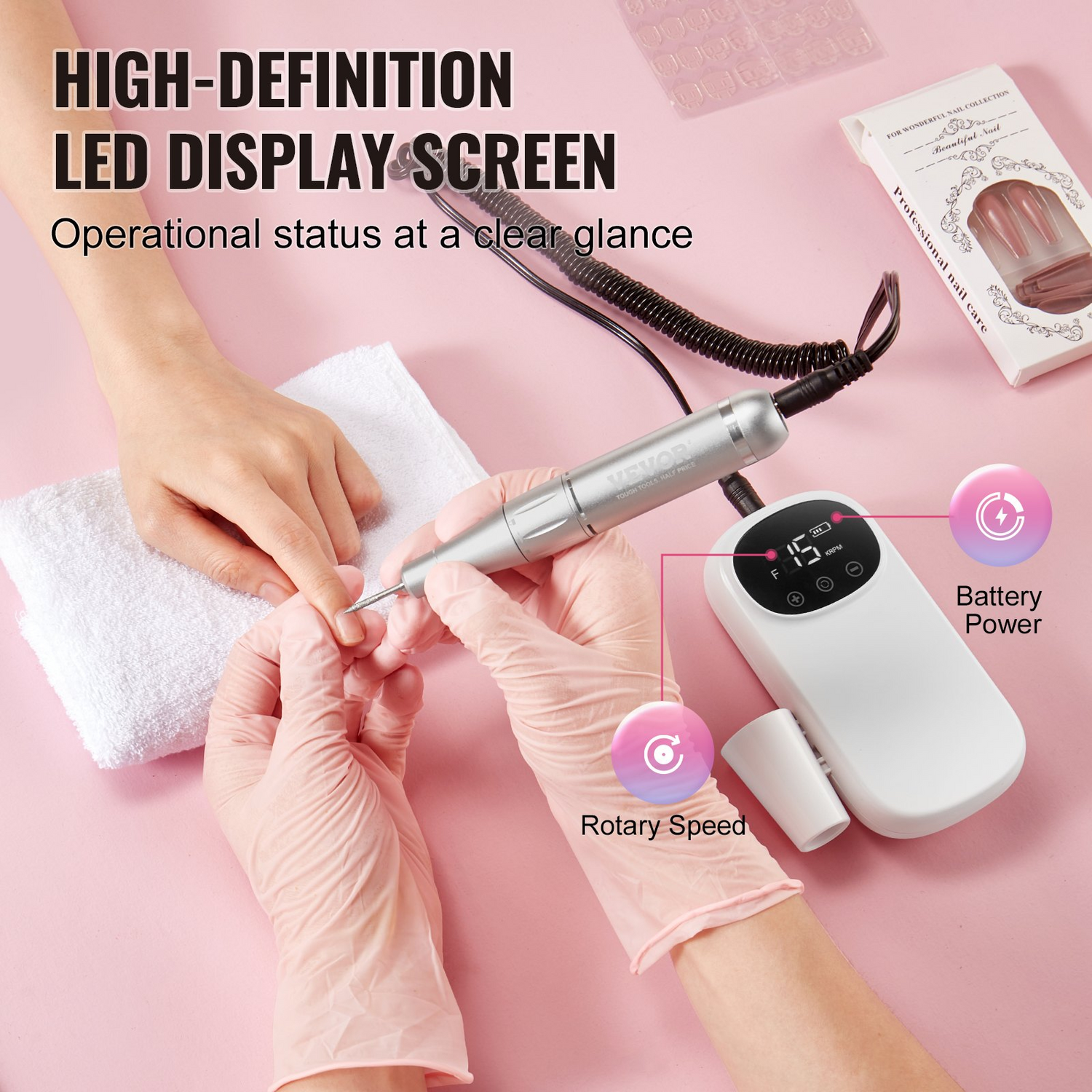 Start2Finish VEVOR cordless electric nail drill with LCD display, 6 bits, sanding bands, suitable for manicure and pedicure.