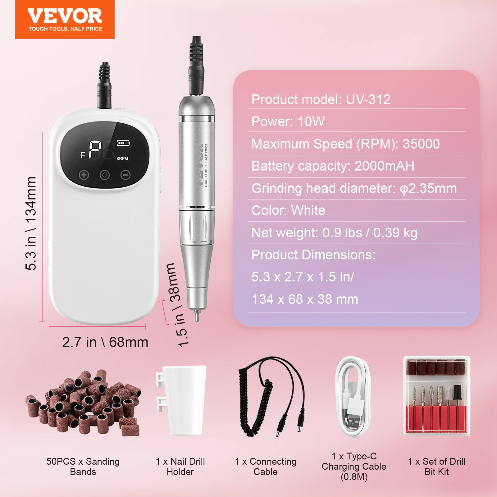 Start2Finish VEVOR rechargeable electric nail drill with LCD display, 6 bits, sanding bands, ideal for manicures and pedicures.