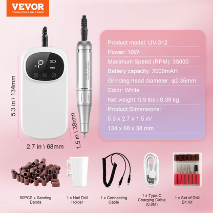 Start2Finish VEVOR rechargeable electric nail drill with LCD display, 6 bits, sanding bands, ideal for manicures and pedicures.