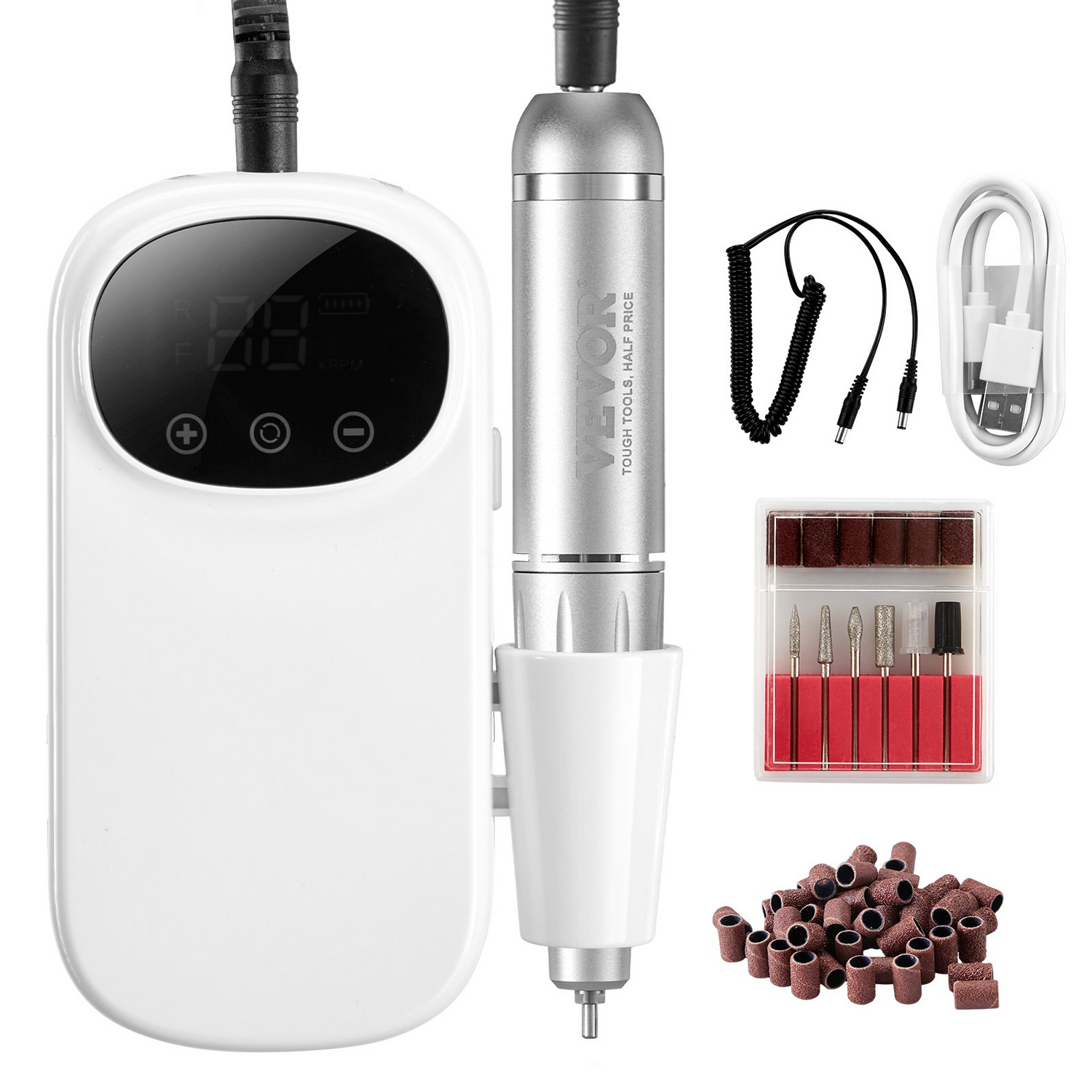 Start2Finish VEVOR cordless electric nail drill with LCD display, 35,000RPM, 6 bits, sanding bands for manicures and pedicures.