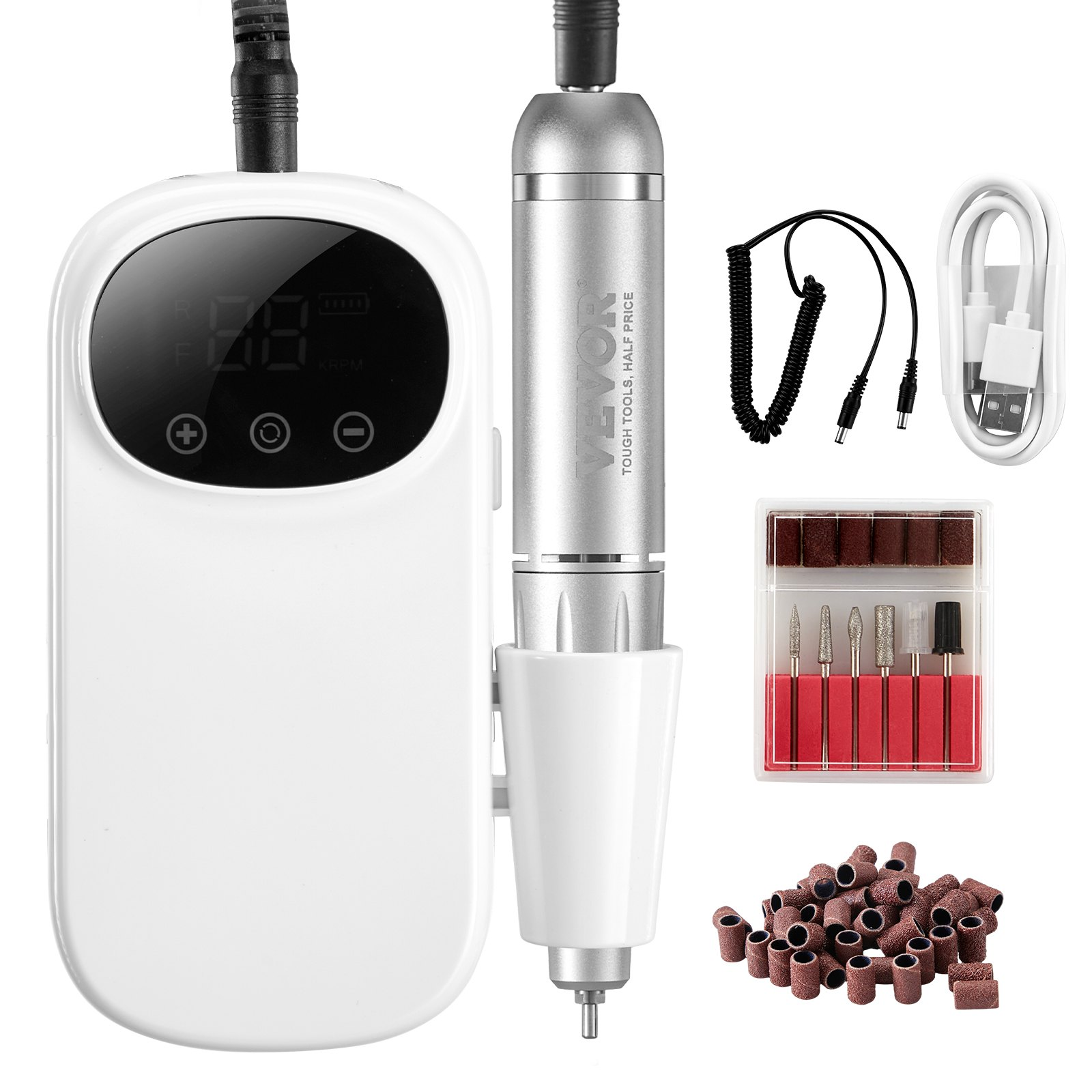 Start2Finish VEVOR cordless electric nail drill with LCD display, 35,000RPM, 6 bits, sanding bands for manicures and pedicures.