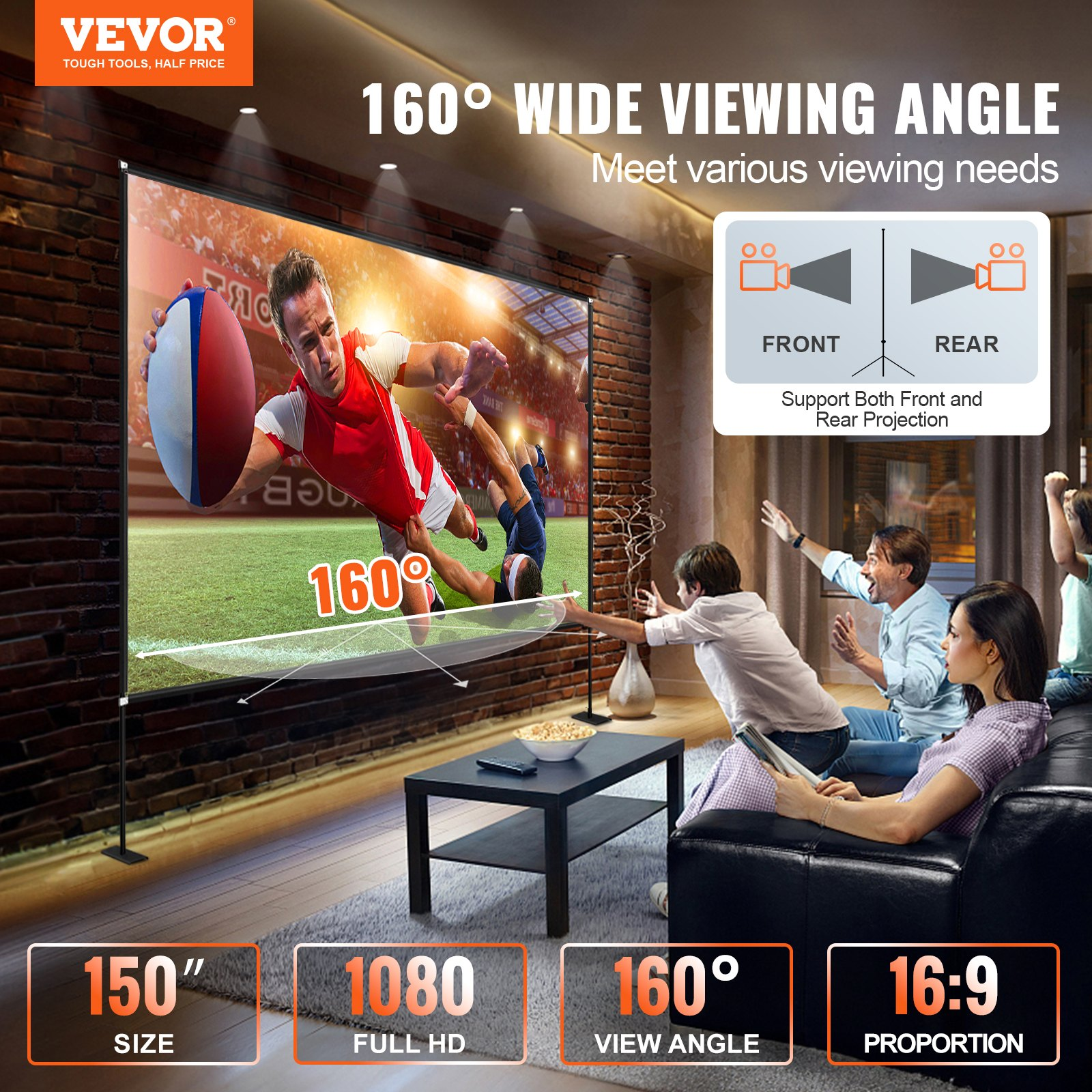 Start2Finish 150-inch portable projector screen with stand, 16:9 aspect ratio, outdoor use, easy assembly, and storage bag.
