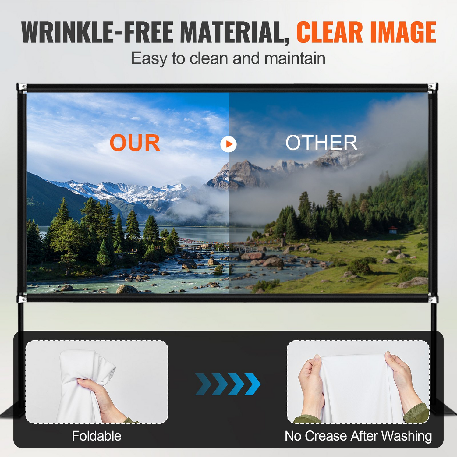 Start2Finish 150-inch portable outdoor projector screen with stand, 16:9 aspect ratio, 4K HD, easy assembly, and storage bag.