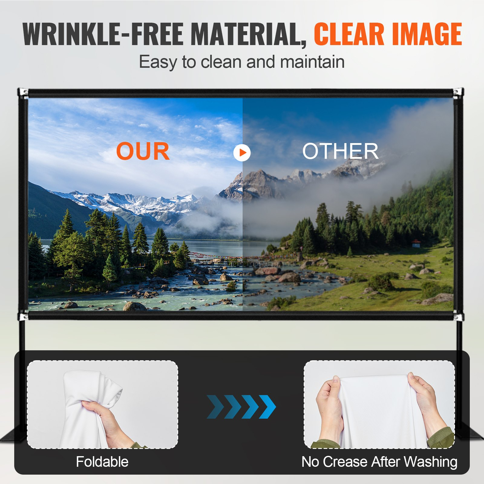 Start2Finish 150-inch portable outdoor projector screen with stand, 16:9 aspect ratio, 4K HD, easy assembly, and storage bag.