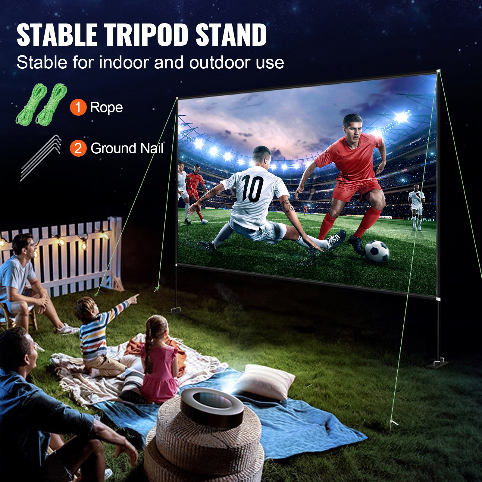 Start2Finish 150-inch portable outdoor projector screen with stand, 16:9 aspect ratio, 4K HD, easy assembly, and storage bag.