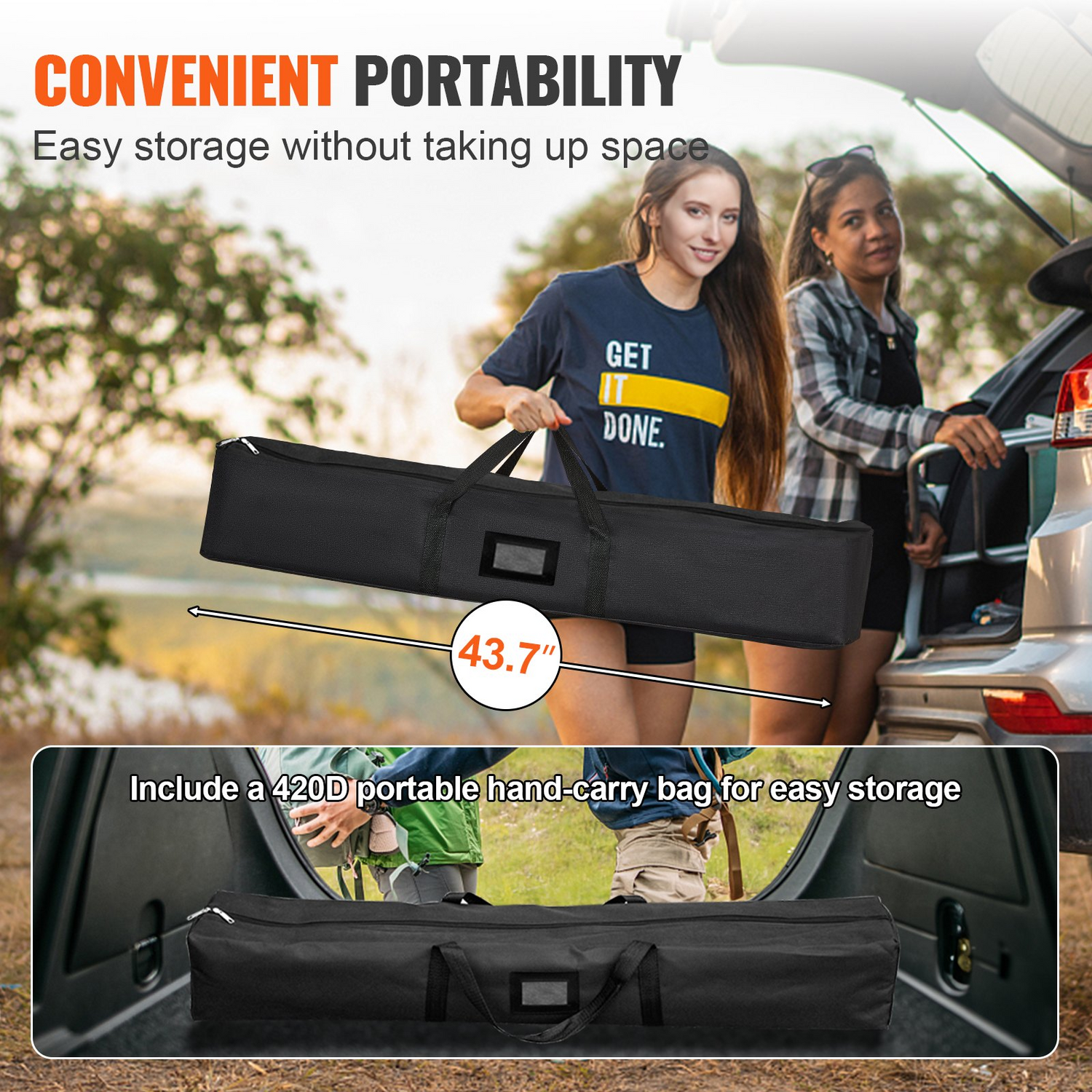 Start2Finish 150-inch portable VEVOR projector screen with stand, easy assembly, storage bag, ideal for outdoor and home theater use.