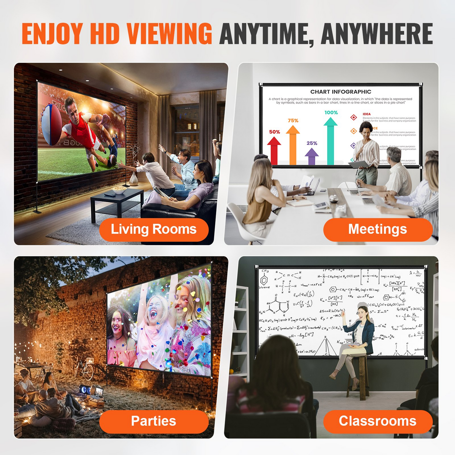Start2Finish 150-inch portable projector screen with stand, 16:9 aspect ratio, suitable for outdoor and home theater use