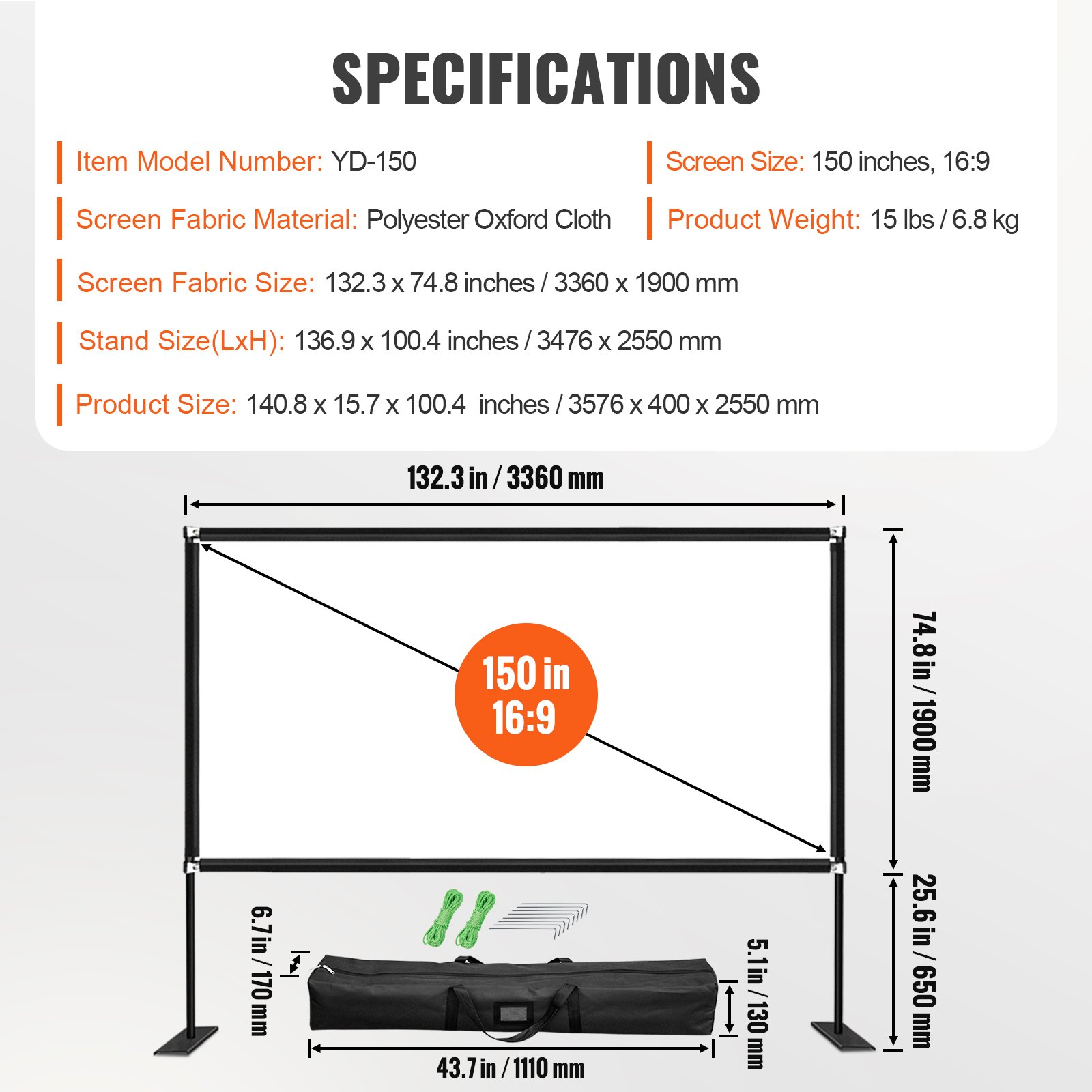 Start2Finish 150-inch portable projector screen with stand, 16:9 aspect ratio, outdoor use, easy assembly, and storage bag.