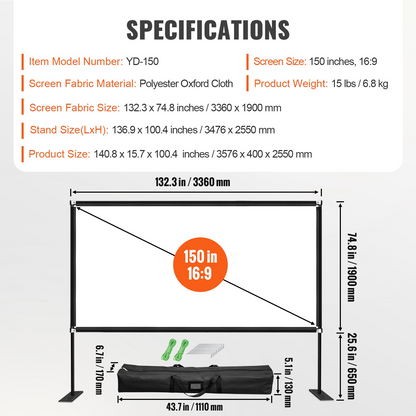 Start2Finish 150-inch portable projector screen with stand, 16:9 aspect ratio, outdoor use, easy assembly, and storage bag.