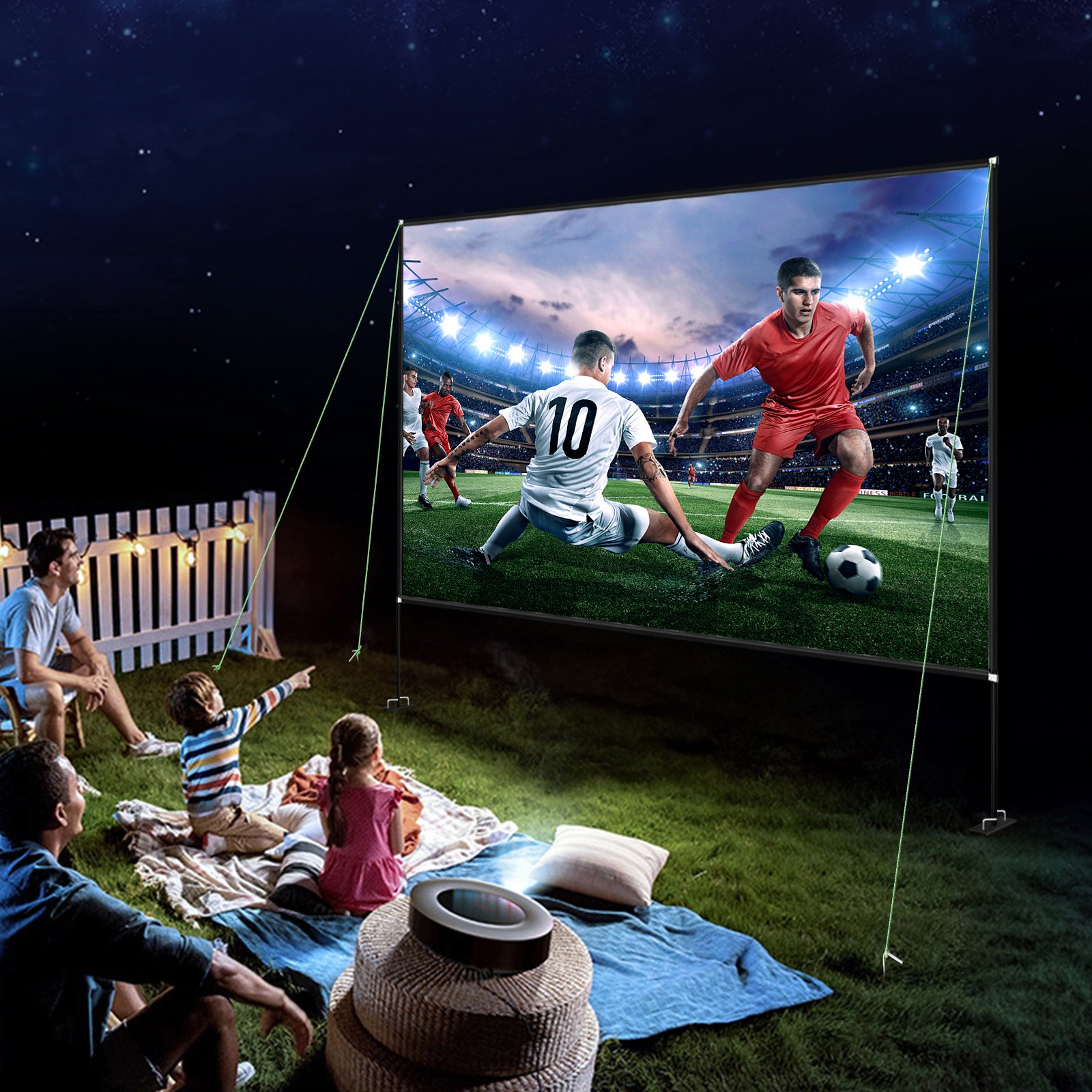 Start2Finish 150-inch portable outdoor projector screen with stand, 16:9 aspect ratio, easy assembly, and storage bag for home or outdoor use.