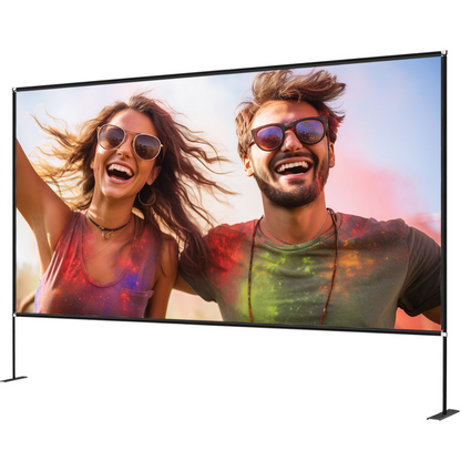 Start2Finish 150-inch portable VEVOR projector screen with stand, easy to assemble outdoor movie screen, 16:9 aspect, HD wide angle.