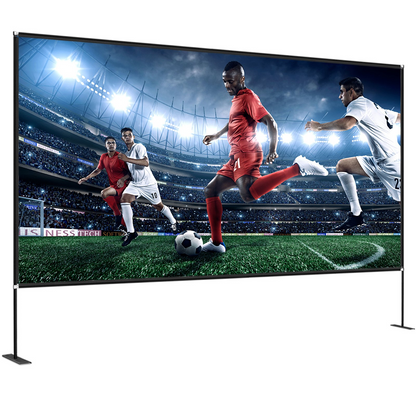Start2Finish VEVOR 150-inch portable outdoor projector screen with stand, 16:9 aspect, 4K HD, easy assembly, storage bag included.