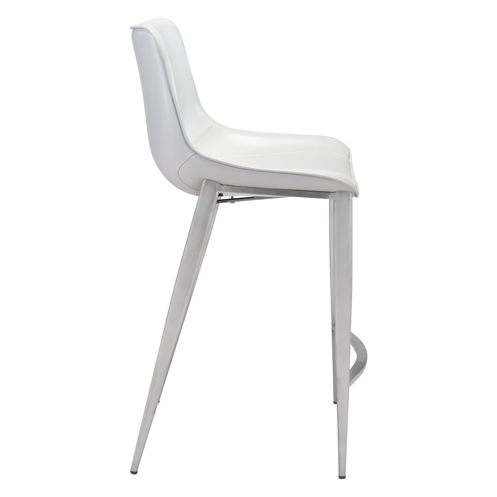 Pair of Magnus counter stools by Start2Finish with white seats and silver metal legs, suitable for kitchen or bar area.