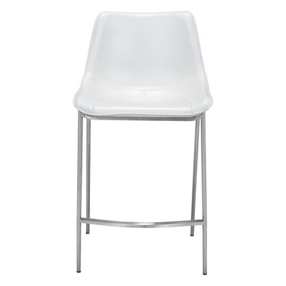Set of two Magnus counter stools by Start2Finish in white with silver accents, featuring modern metal legs and cushioned seats.
