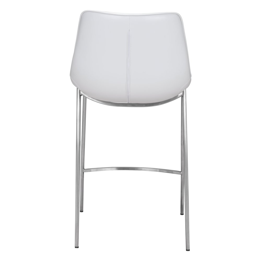 Set of two Start2Finish Magnus counter stools with white seats and silver legs, showcasing modern kitchen furniture.