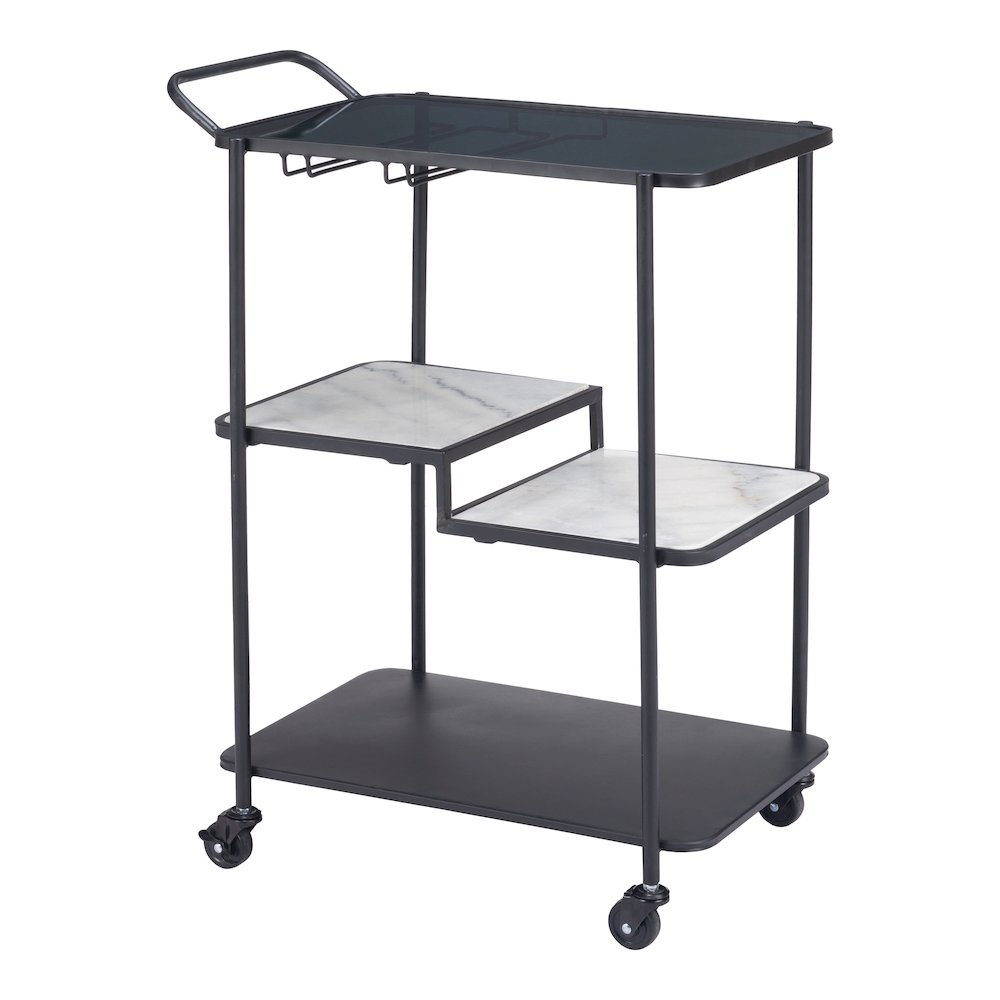 Black Constanza Bar Cart by Start2Finish with multiple shelves and wheels for stylish beverage and accessory storage.