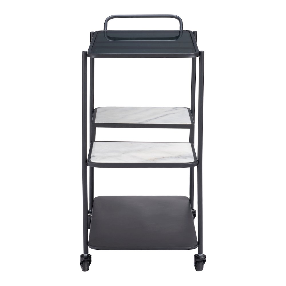 Black Constanza Bar Cart by Start2Finish with metal frame and two shelves for stylish beverage and barware storage.