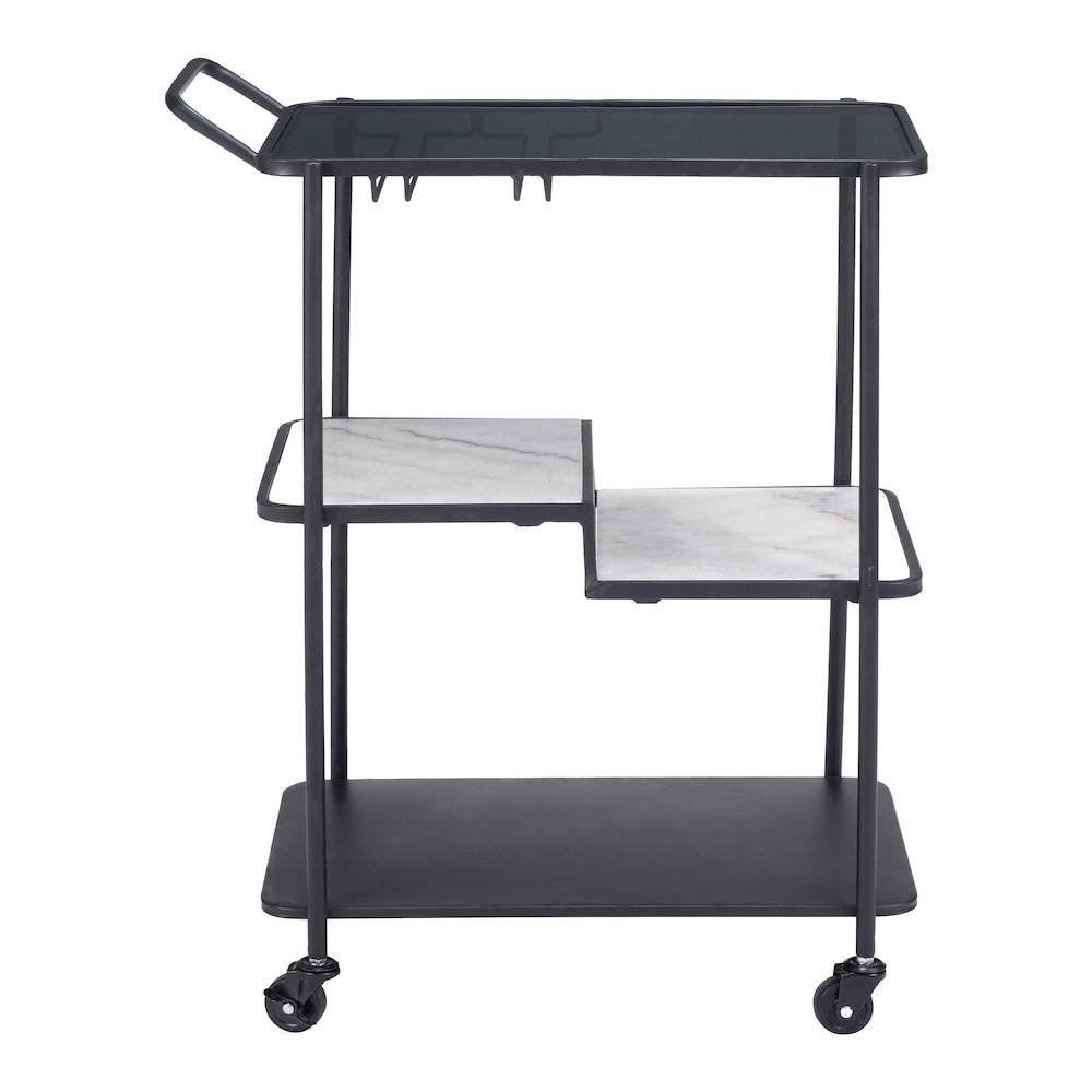Black Constanza Bar Cart by Start2Finish with two-tier shelves and metal frame, shown with glass and bottle accessories.