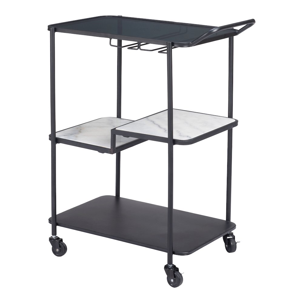 Constanza black bar cart by Start2Finish with two shelves and metal frame, perfect for serving drinks and displaying accessories.