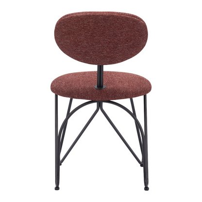 Pair of Novi dining chairs by Start2Finish in maroon brown with wooden legs, featuring cushioned seats and modern design.
