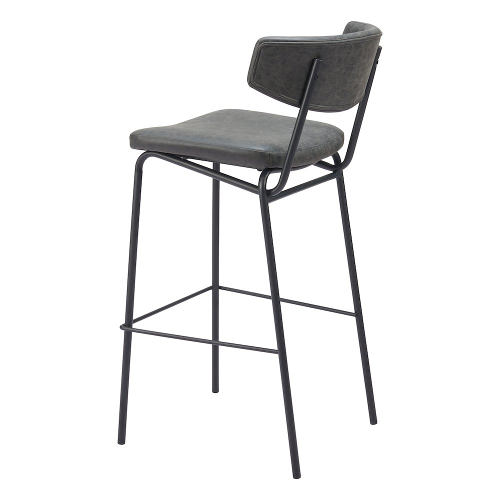 Set of two vintage black Charon barstools by Start2Finish with metal frames and cushioned seats, suitable for kitchen or bar area.