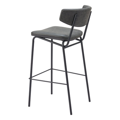 Set of two vintage black Charon barstools by Start2Finish with metal frames and cushioned seats, suitable for kitchen or bar area.
