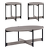 Three grey woodgrain finish occasional tables with black metal legs, modern furniture set for living room or seating area.