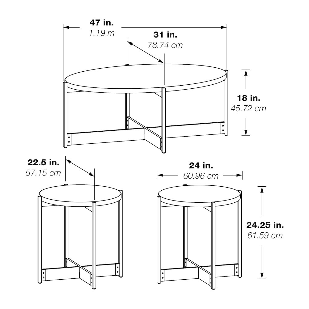 Set of three grey woodgrain finish occasional tables with black metal legs, modern furniture by Start2Finish.