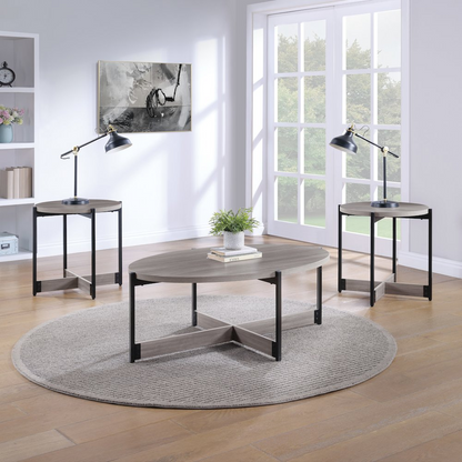 Three grey woodgrain finish occasional tables with black metal legs, modern furniture set for living room or lounge.