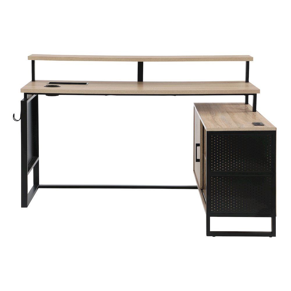 Start2Finish Ace L-shape desk with river oak top and matte black frame, featuring a spacious workspace and modern design
