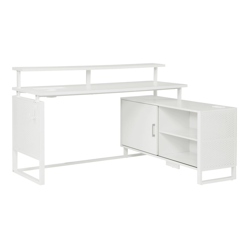Start2Finish Ace 60x50 inch white L-shape desk with white frame, showcasing spacious workspace and modern design.
