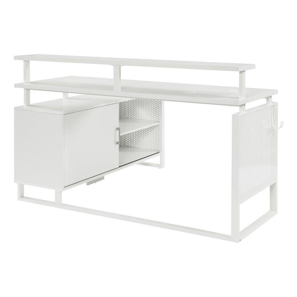 White Ace L-shape desk with 60x50 inch white tabletop and frame, featuring a spacious workspace and modern design.