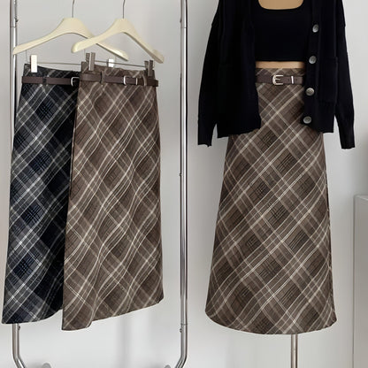 Carmine Juneberry high waist mid-length woolen plaid skirt for women, featuring a stylish checkered pattern and tailored fit.