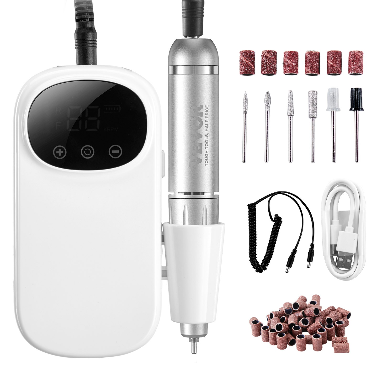 Start2Finish VEVOR rechargeable electric nail drill with LCD display, 6 bits, sanding bands, and portable design for manicures and pedicures.