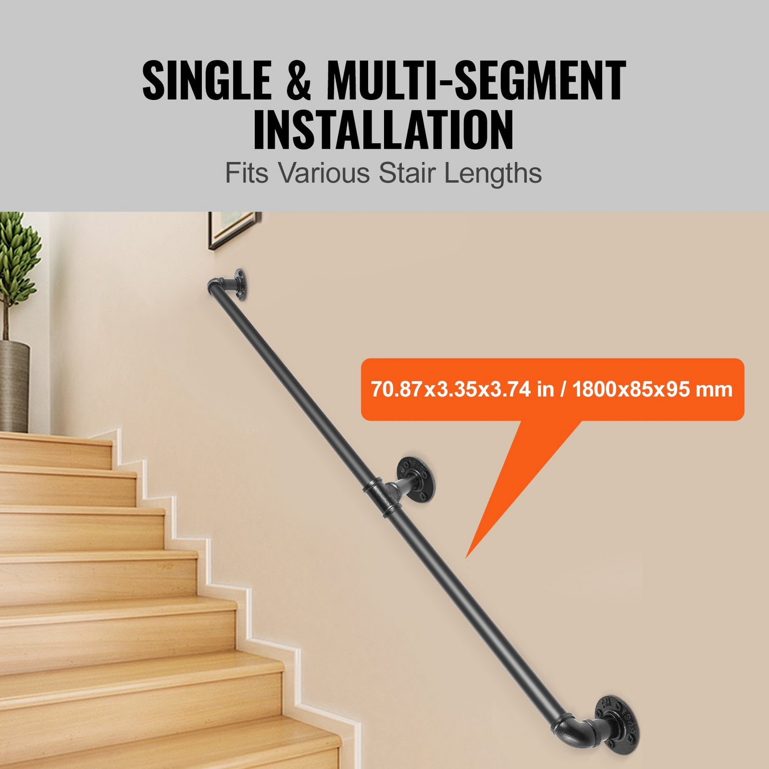 Start2Finish VEVOR 6FT industrial pipe staircase handrail with wall mounts, round corners, durable carbon steel for indoor or outdoor use.