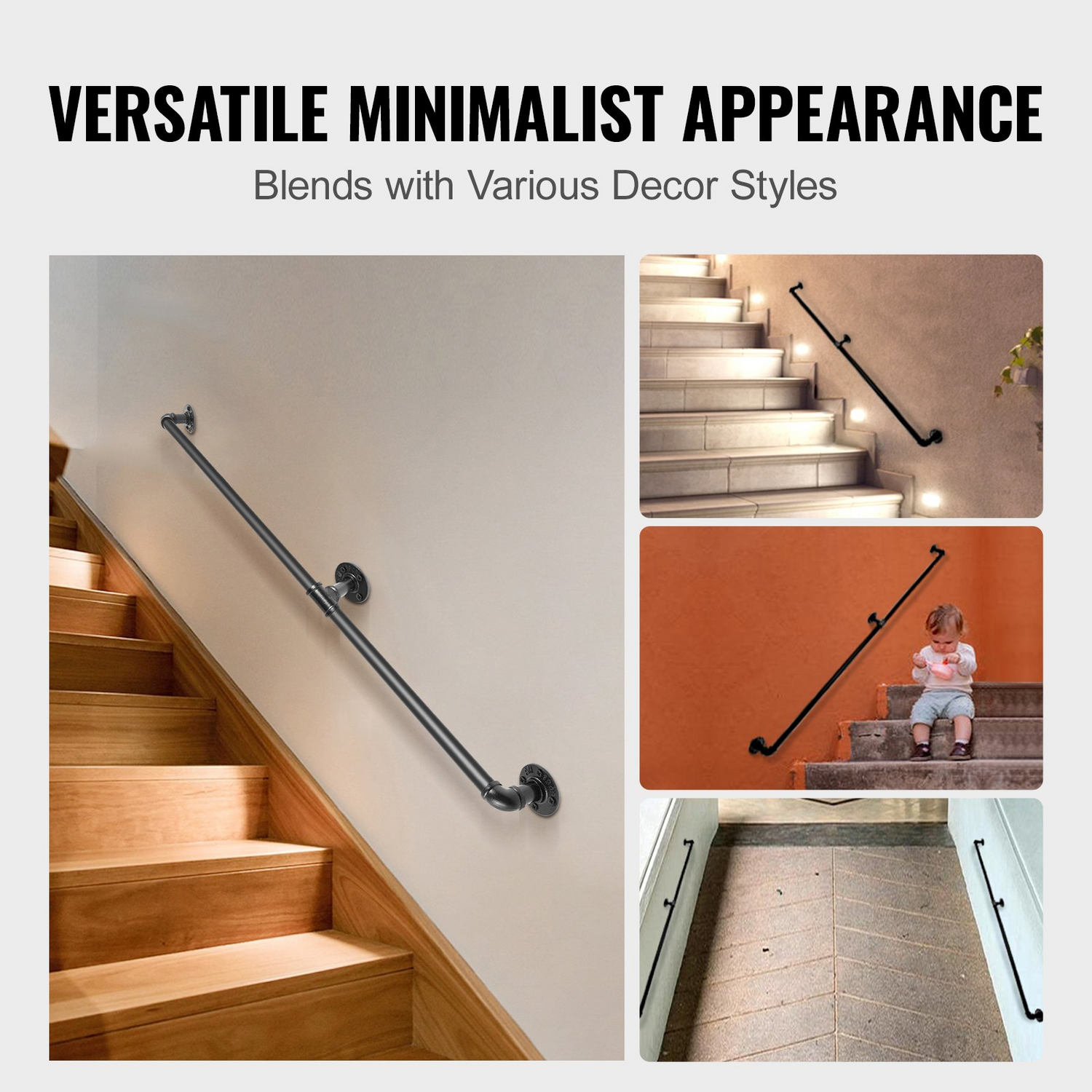 Start2Finish VEVOR 6FT steel pipe staircase handrail with wall mounts, round corner design for indoor and outdoor safety.