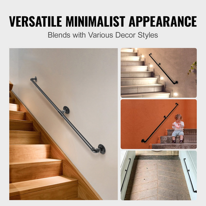 Start2Finish VEVOR 6FT steel pipe staircase handrail with wall mounts, round corner design for indoor and outdoor safety.