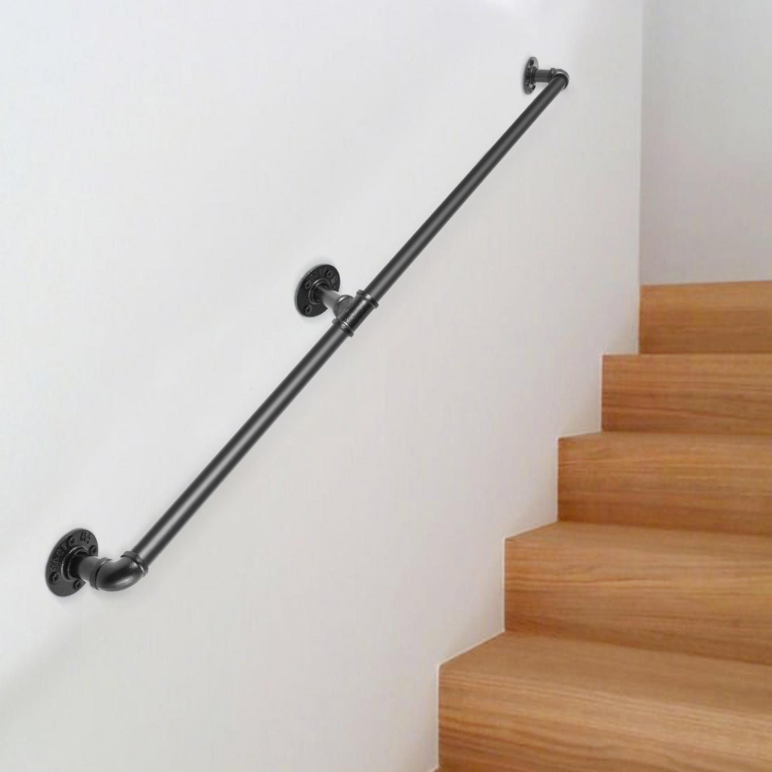 Start2Finish VEVOR 6FT steel pipe staircase handrail with wall mounts, round corners, indoor and outdoor use, supports up to 440 lbs.