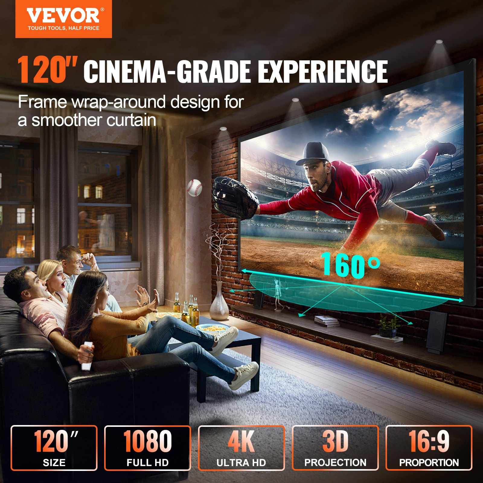 Start2Finish 120-inch 16:9 projector screen with fixed frame, suitable for 4K, HDTV, movies, and 3D entertainment viewing