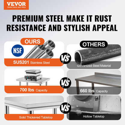 Start2Finish stainless steel prep table with adjustable height levels, durable work surface for commercial kitchen or garage use.