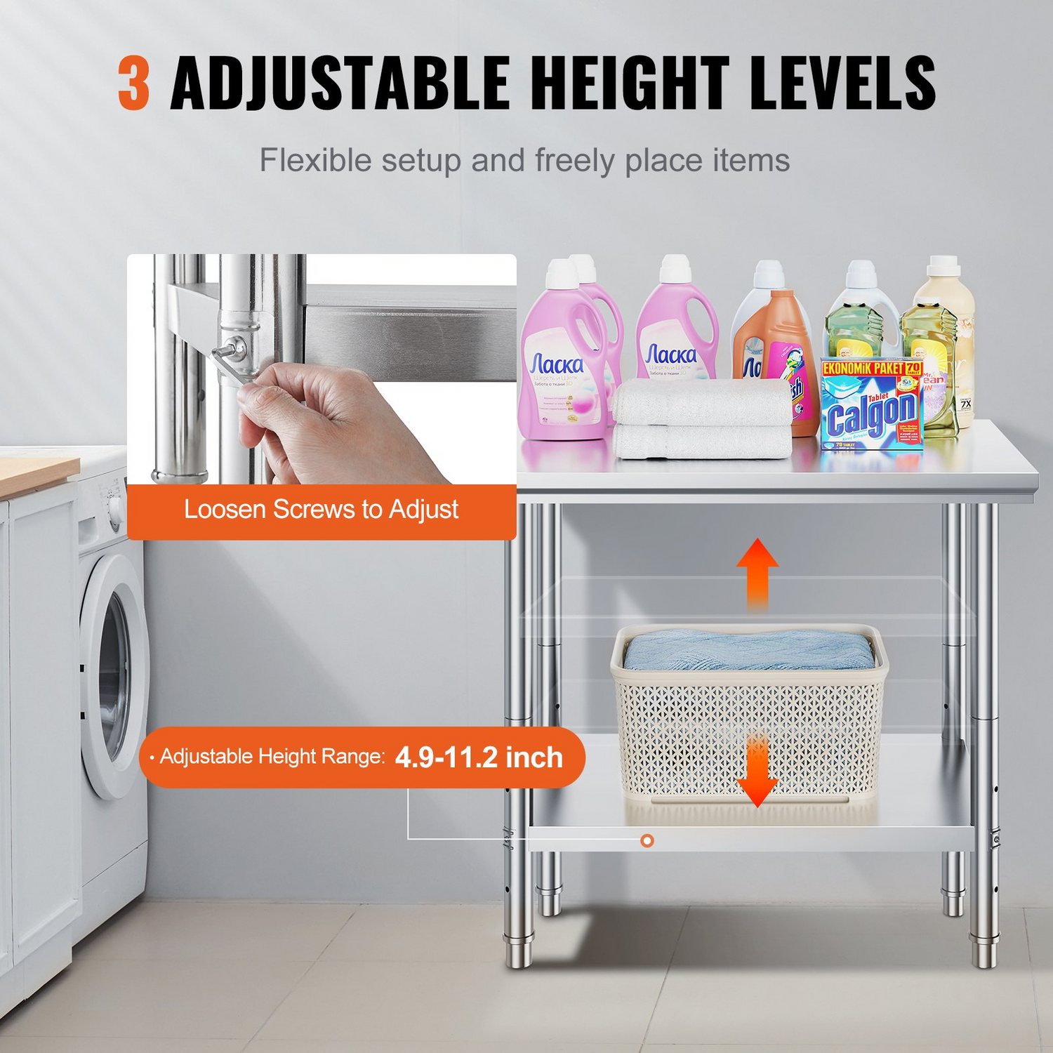 Stainless steel prep table with three adjustable height levels, heavy-duty work surface, suitable for commercial kitchens and garages.