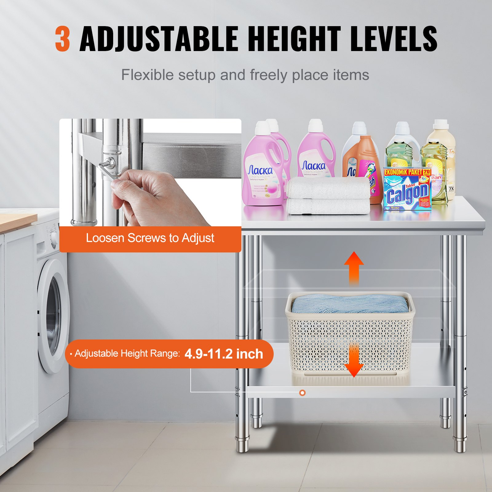 Stainless steel prep table with three adjustable height levels, heavy-duty work surface, suitable for commercial kitchens and garages.