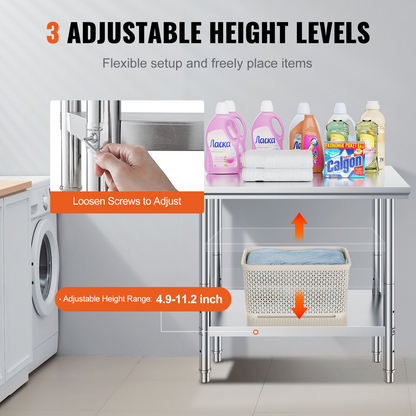 Stainless steel prep table with three adjustable height levels, heavy-duty work surface, suitable for commercial kitchens and garages.