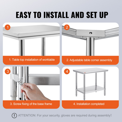 Start2Finish stainless steel prep table with adjustable height levels, heavy-duty commercial worktable for kitchen, garage, or restaurant.