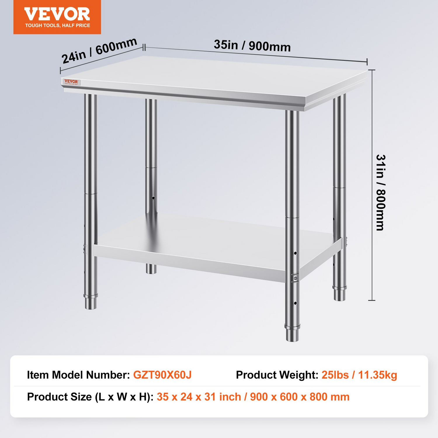 Start2Finish stainless steel prep table with three adjustable height levels, 900x600 mm, heavy-duty commercial kitchen work surface