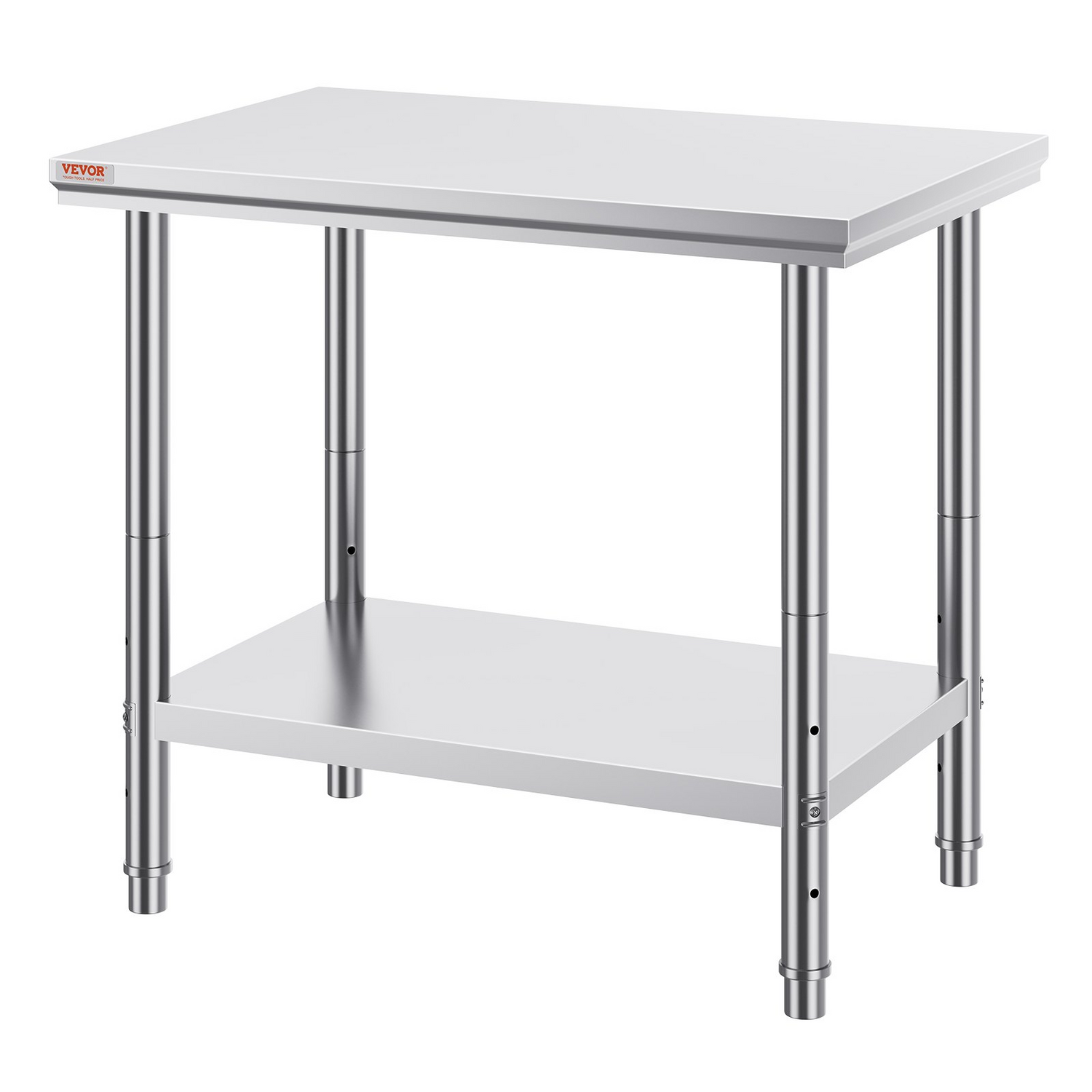 Start2Finish stainless steel prep table with three adjustable height levels, heavy-duty metal workstation for commercial kitchens.