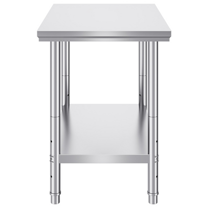 Start2Finish stainless steel prep table with adjustable height levels, durable work surface, and sturdy construction for commercial kitchens.