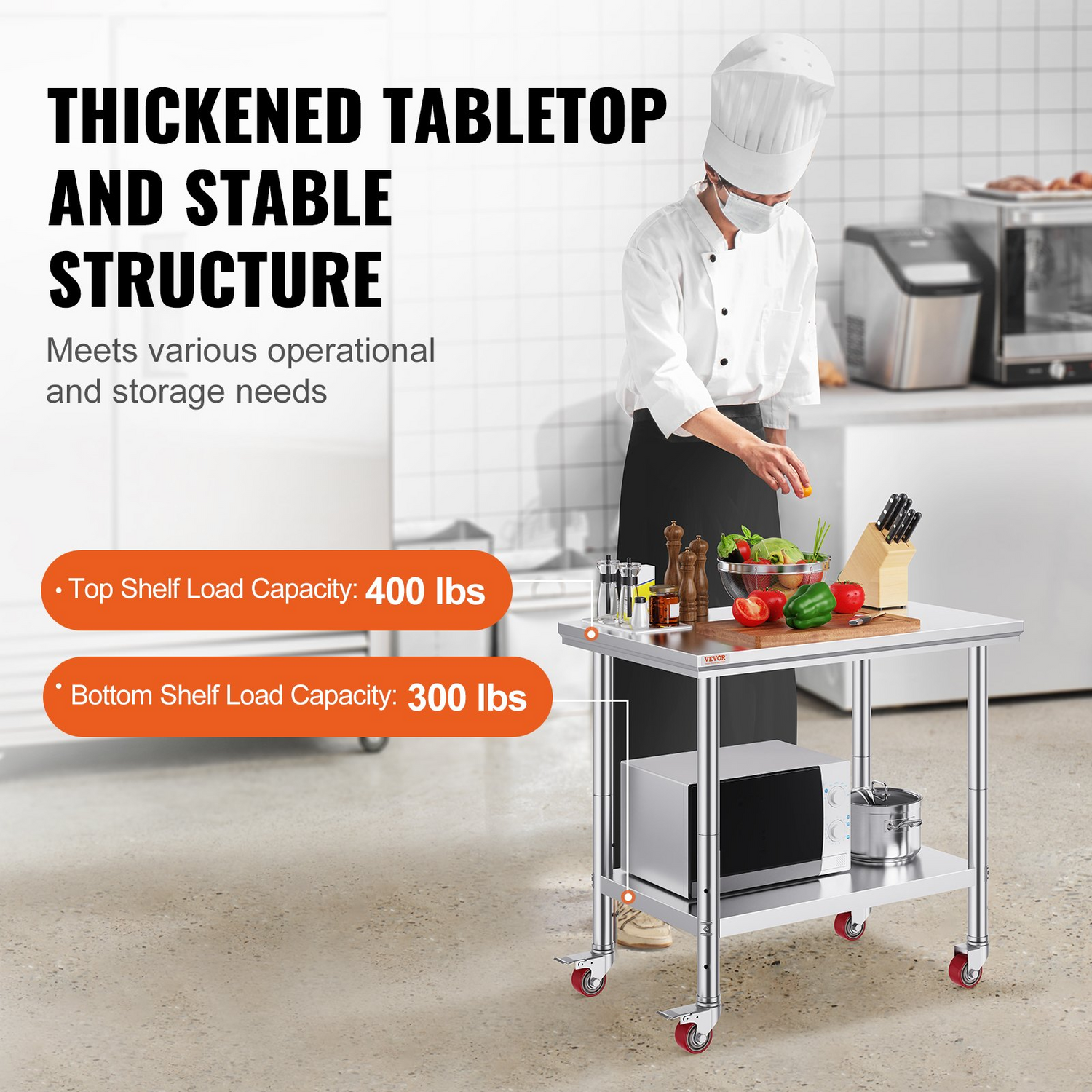 Start2Finish VEVOR stainless steel work table with wheels, adjustable height, 300 lbs capacity, ideal for commercial kitchens.