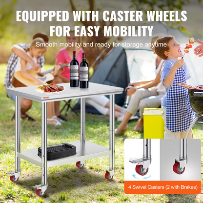 Start2Finish stainless steel work table with 4 wheels, adjustable height, and 300 lbs capacity for commercial kitchen food prep.